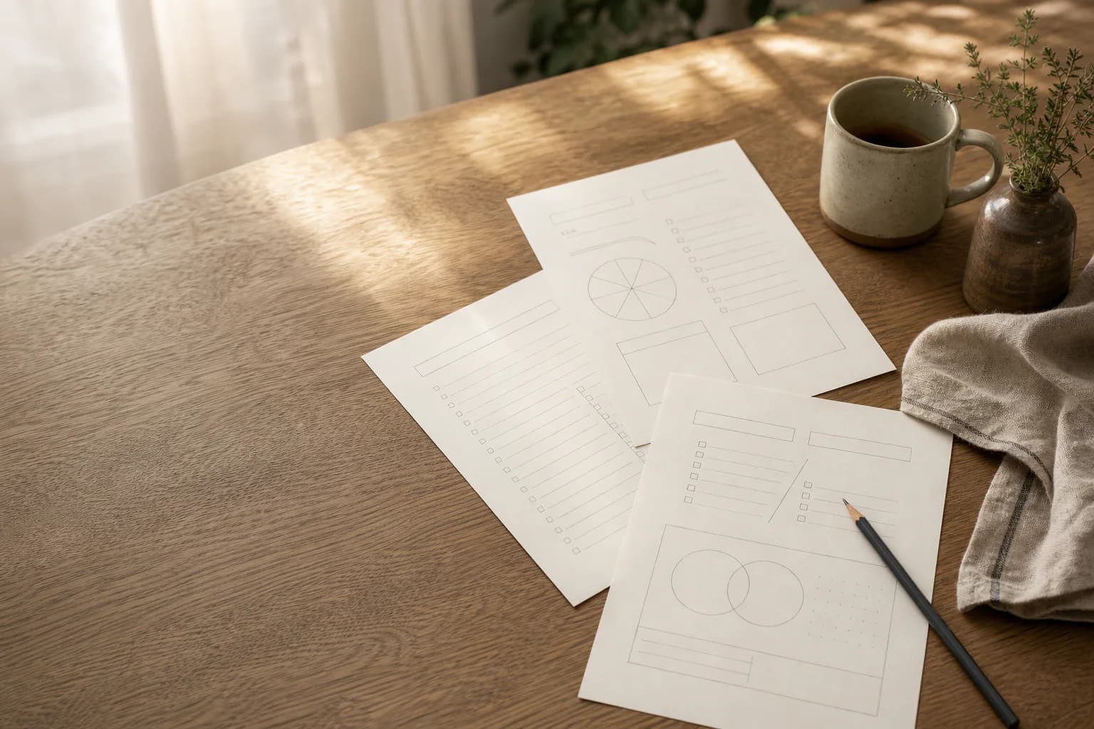 Printable planning sheets with a pencil, tea, and linen on a warm wooden table