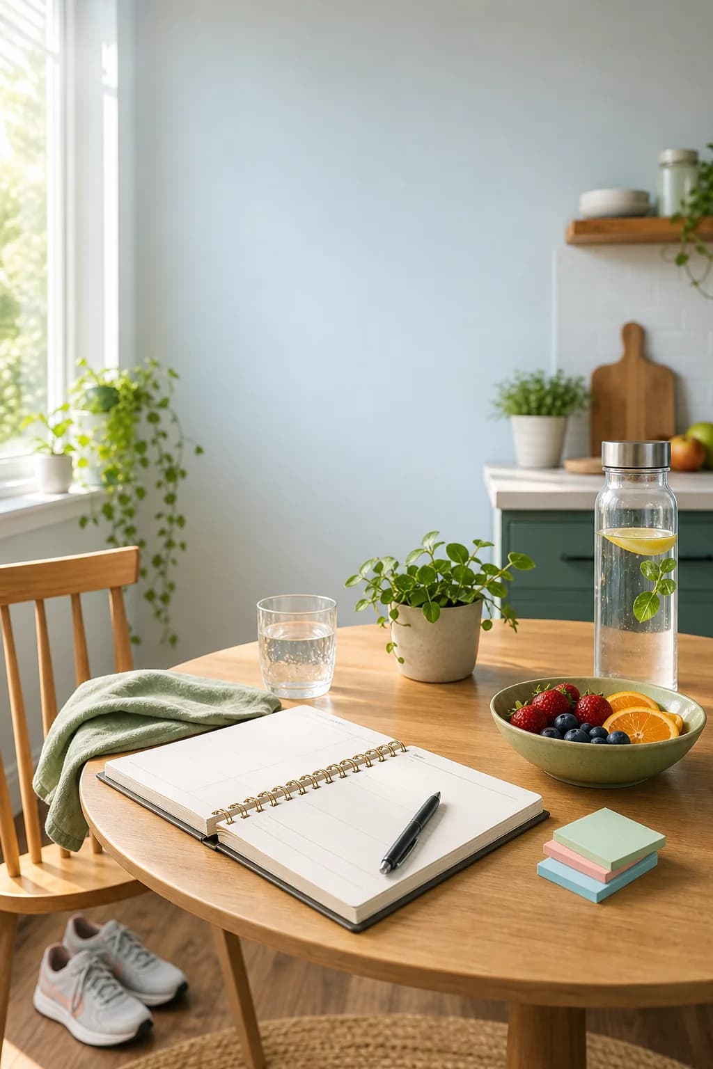 An open weekly planner on a calm kitchen table with water, fruit, and walking shoes nearby