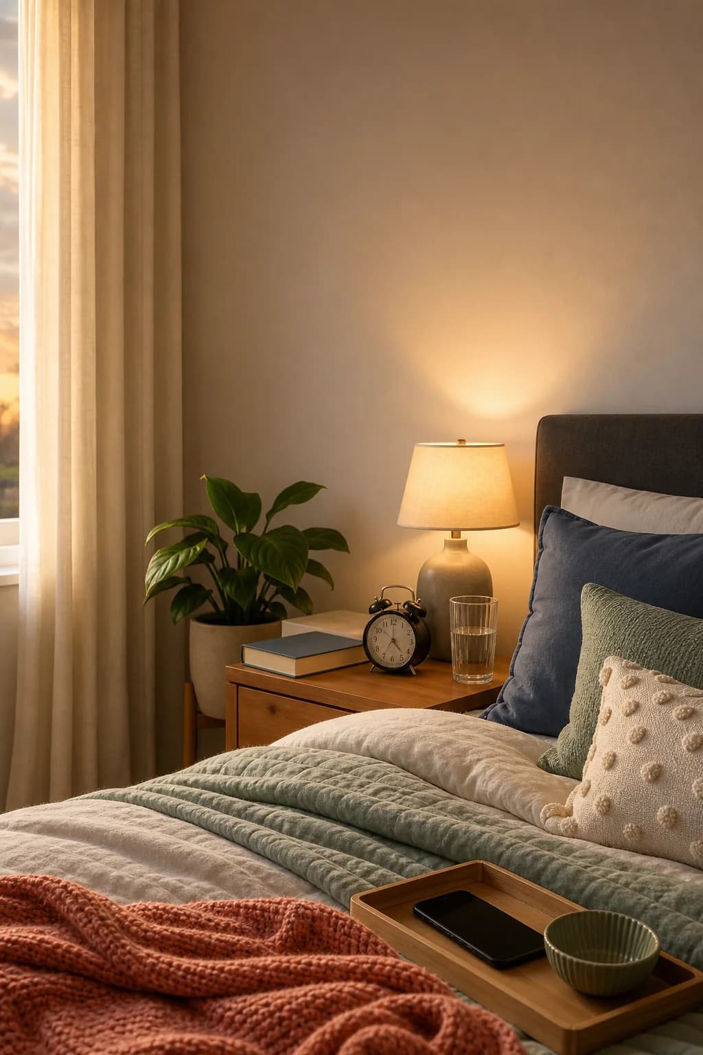 A calm bedroom at dusk with soft lighting, layered bedding, and a phone set aside on a tray