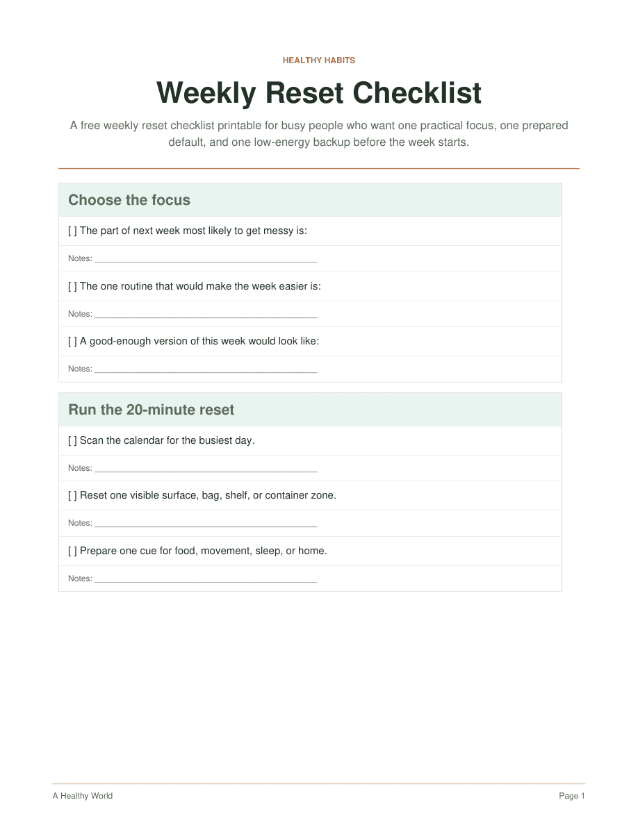 Weekly Reset Checklist first page preview