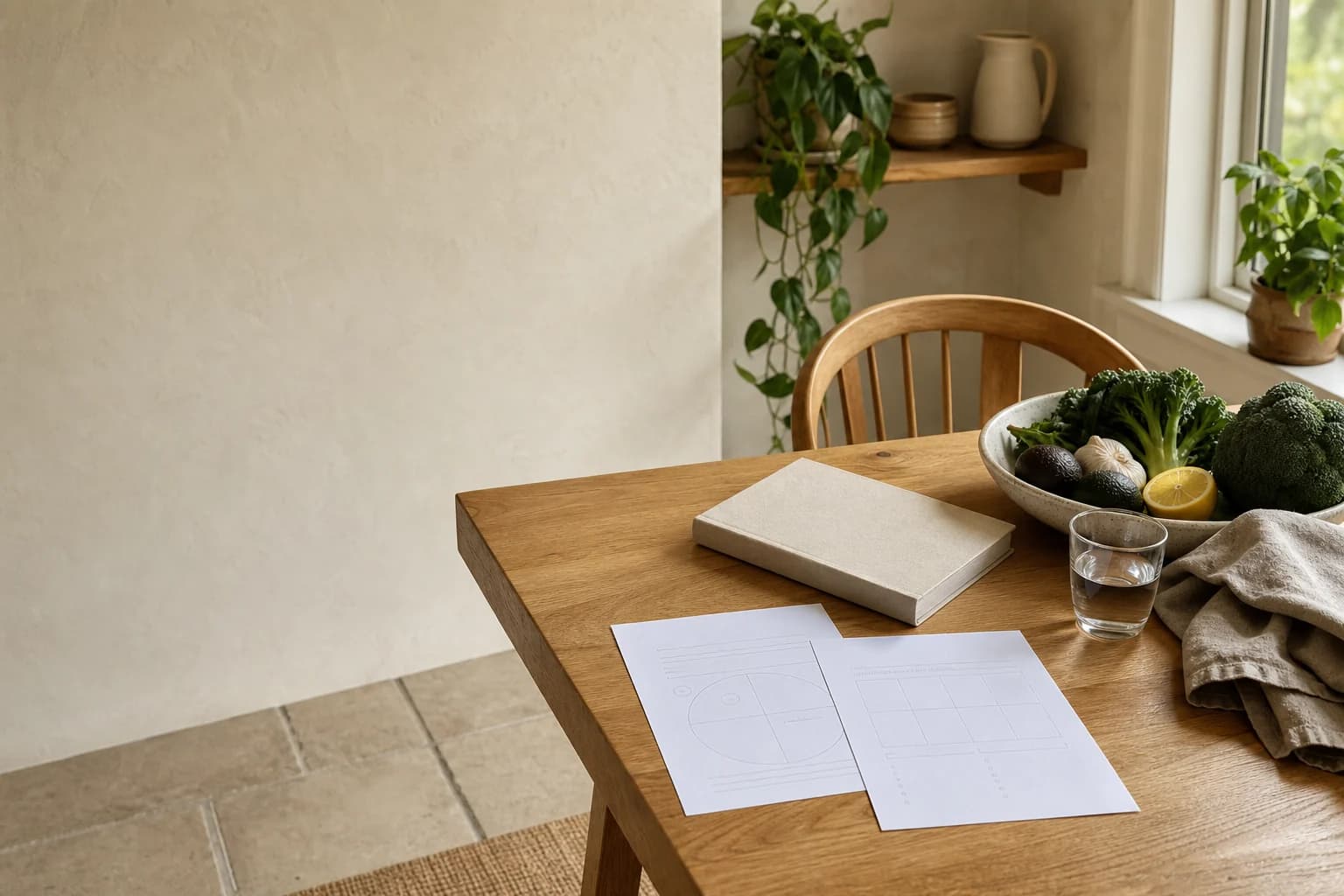Printable planning pages on a warm kitchen table