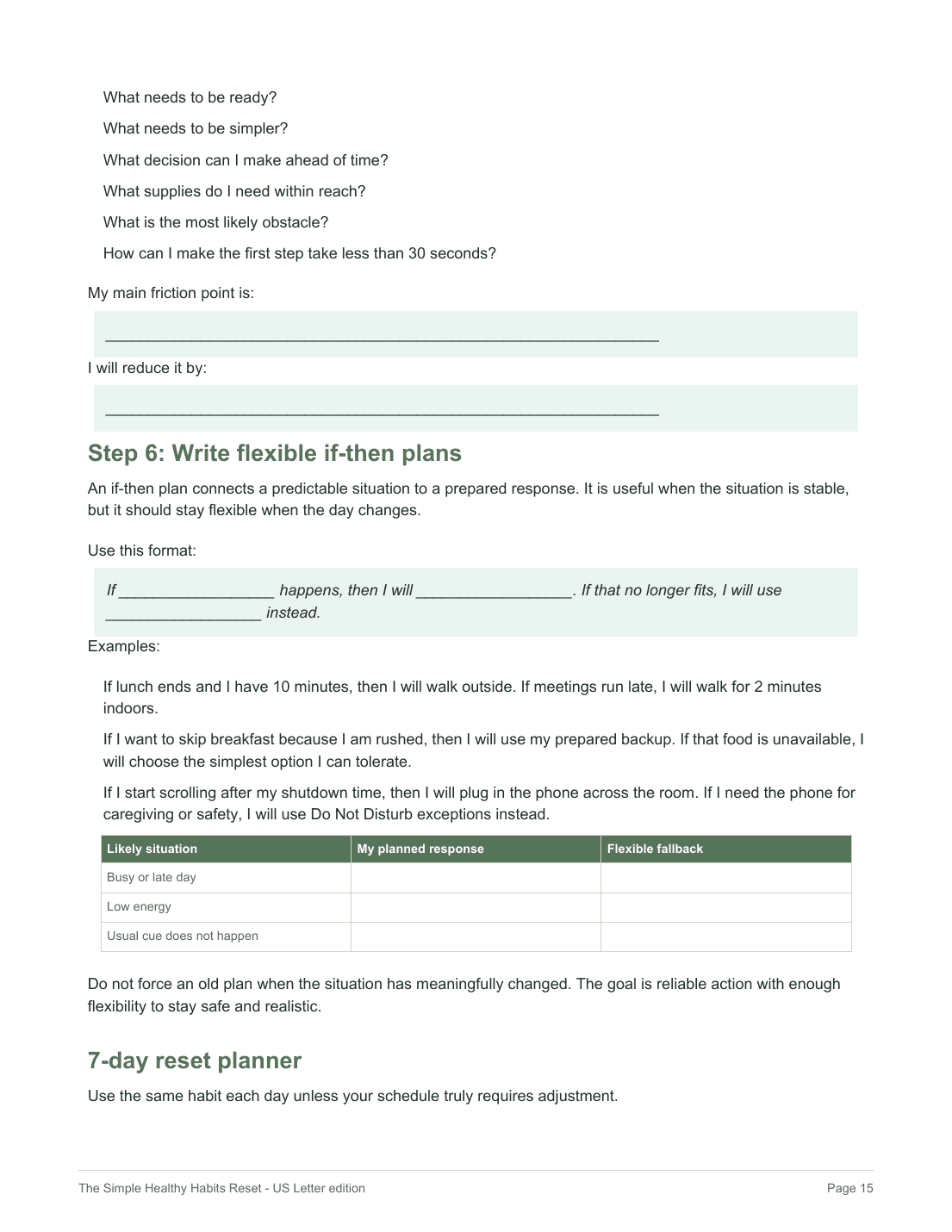 The Simple Healthy Habits Reset worksheet page preview