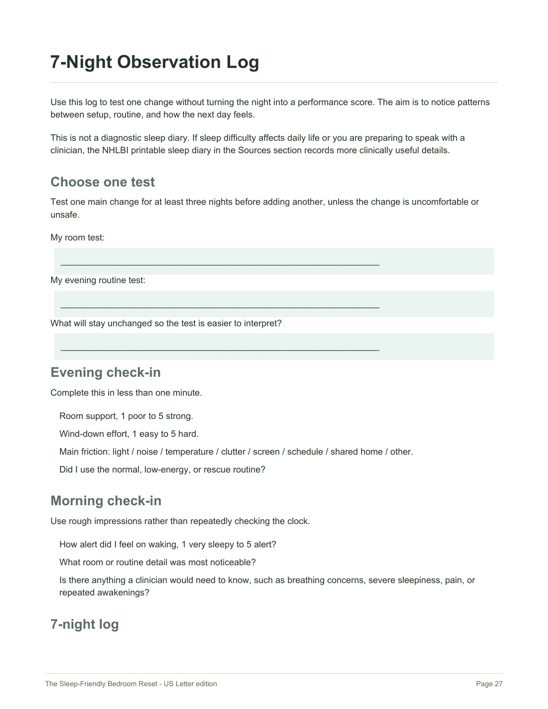 The Sleep-Friendly Bedroom Reset worksheet page preview